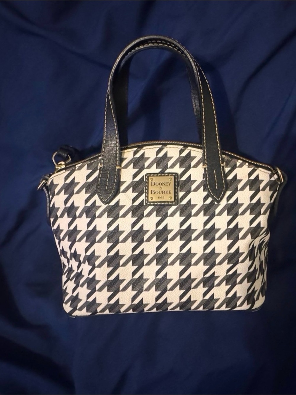 Dooney & Bourke Black and White Houndstooth Satchel with Gold Plaque